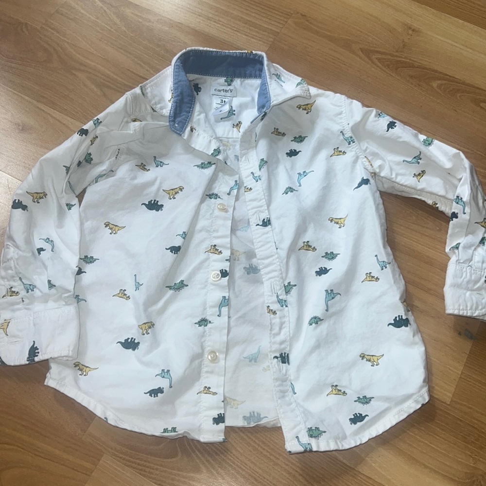 Boys  button down dinosaur long sleeve shirt with denim collar 3T
